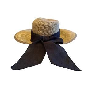 HBY Miami Straw Sun Hat Black Ribbon Bow 100% Straw Sz S/M